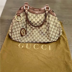 Vintage Gucci Sukey Brown GG Monogram Large Canvas Tote Bag Leather Handles